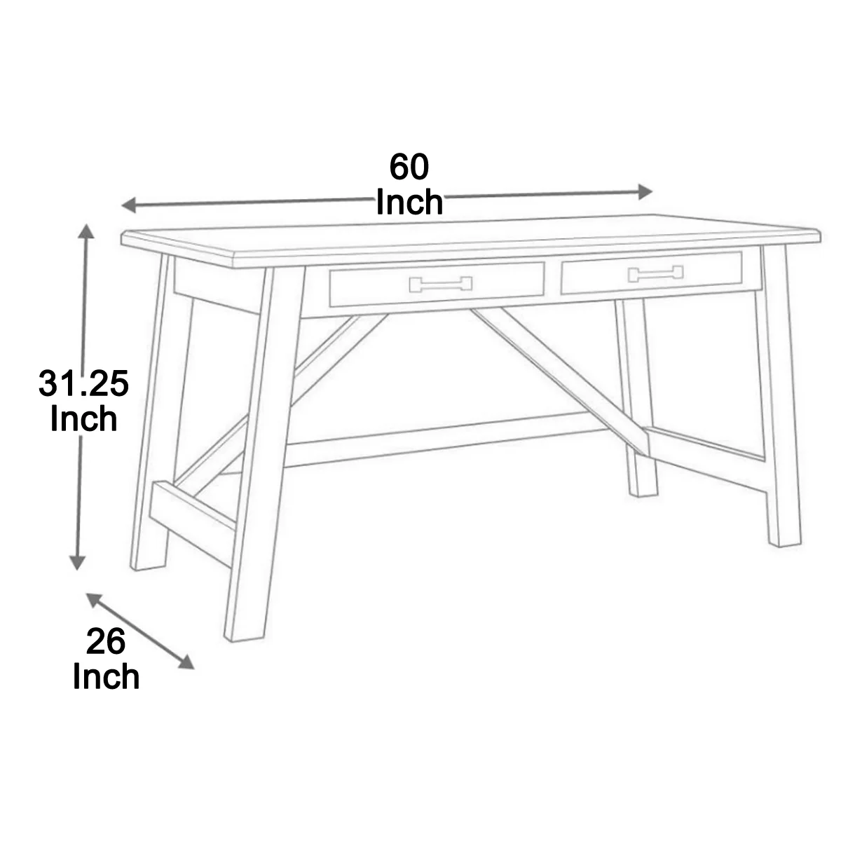 Two Drawers Wooden Desk with Cross Stretcher Brace Design, Large, Brown By Benzara - Image 7