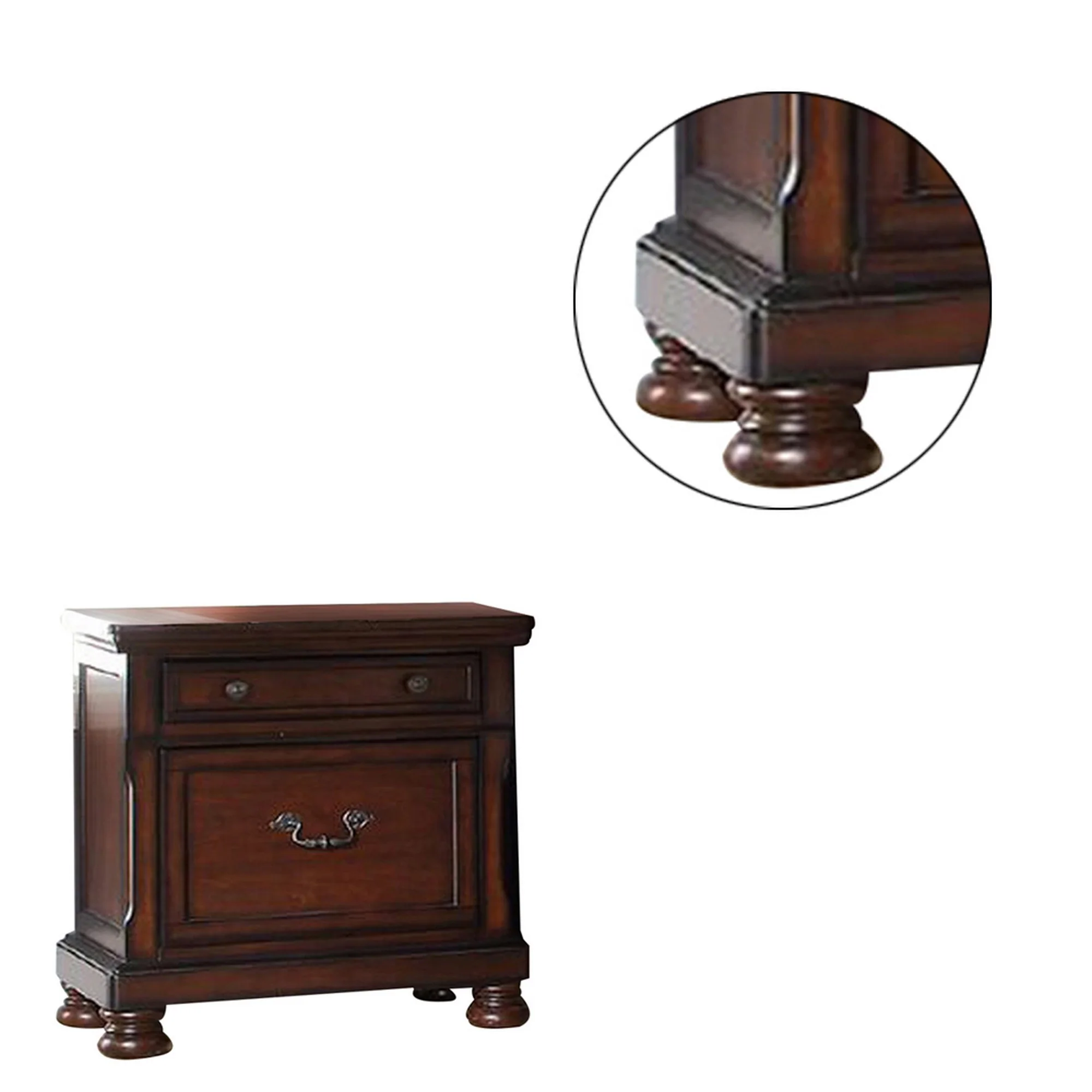 Two Drawers Wooden Nightstand with Bun Feet, Brown By Benzara - Image 2