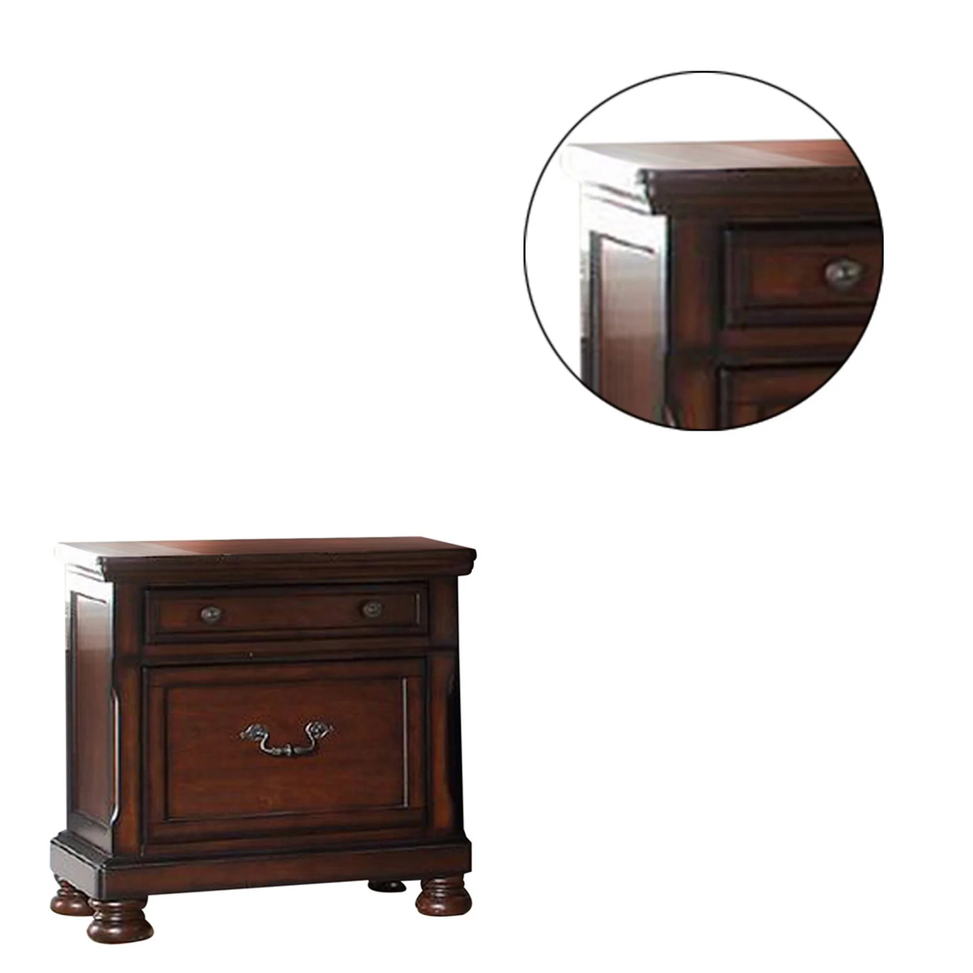Two Drawers Wooden Nightstand with Bun Feet, Brown By Benzara - Image 4