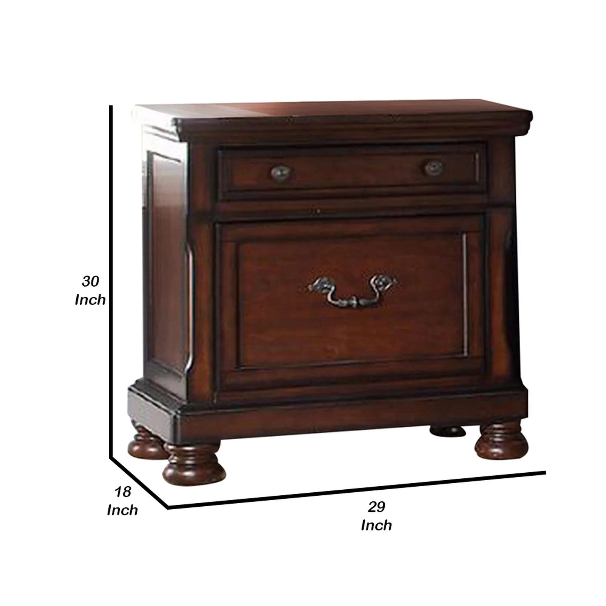 Two Drawers Wooden Nightstand with Bun Feet, Brown By Benzara - Image 5
