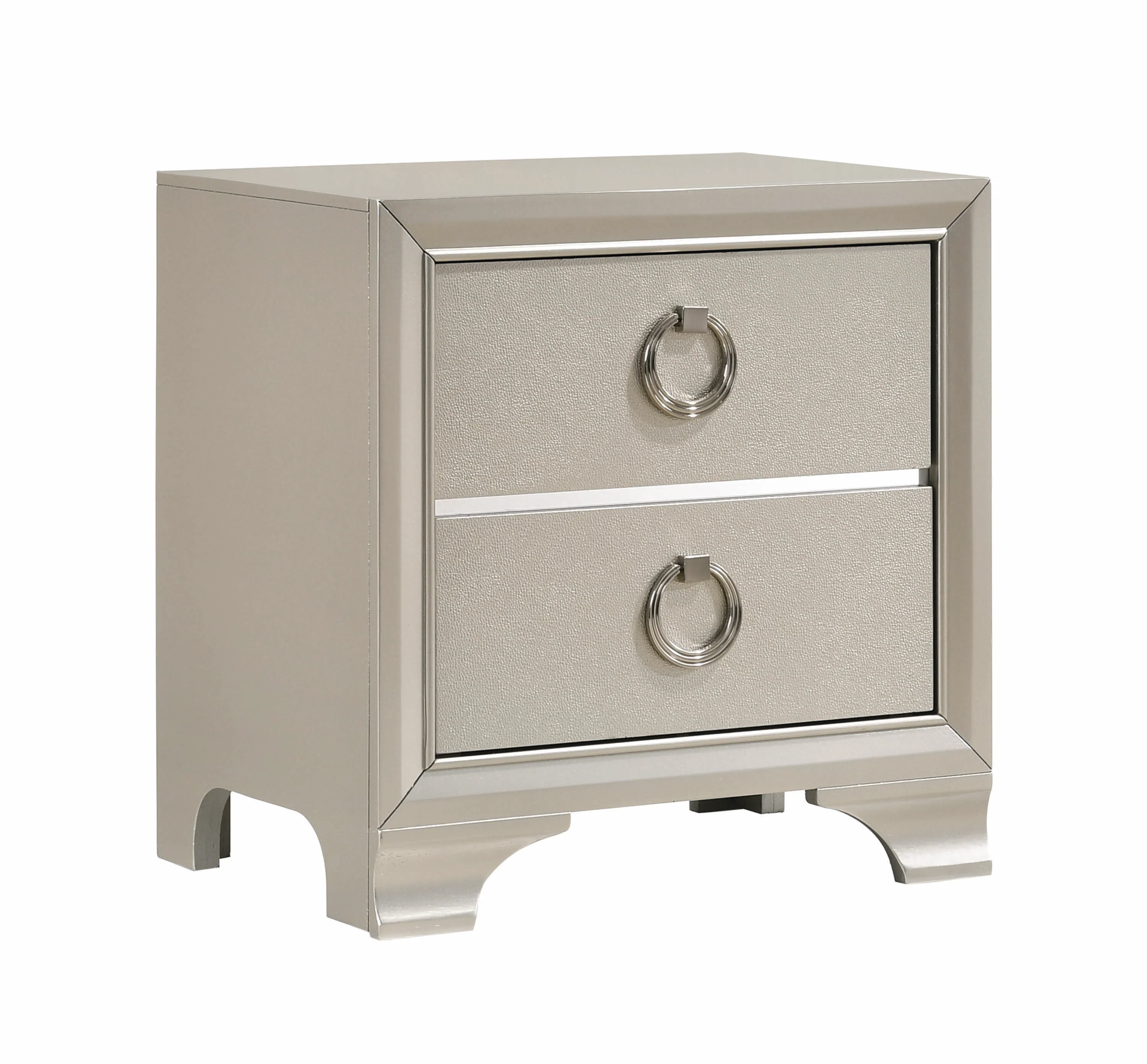 Two Drawers Wooden Nightstand with Oversized Ring Handles, Silver By Benzara - Image 7