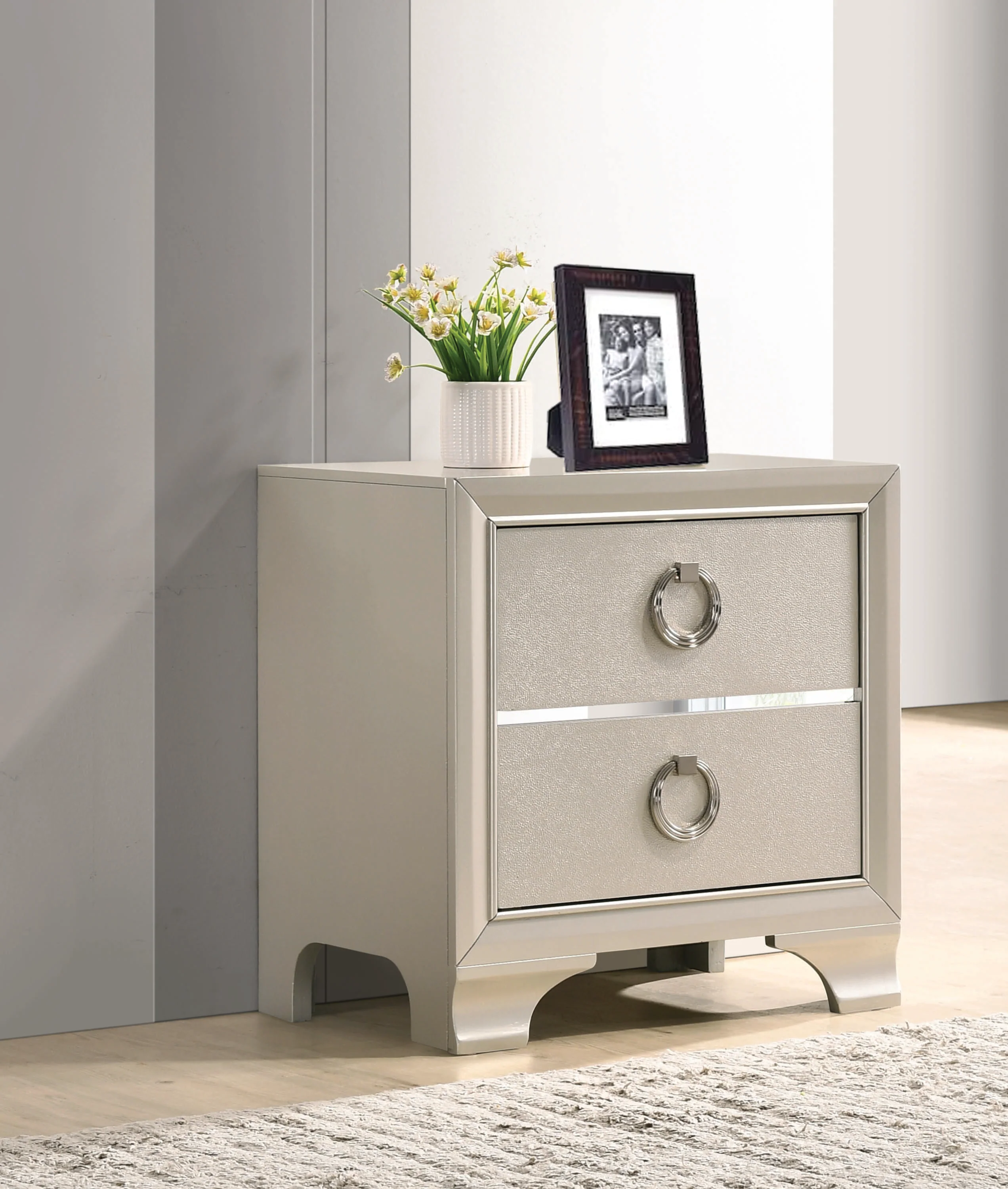 Two Drawers Wooden Nightstand with Oversized Ring Handles, Silver By Benzara - Image 8