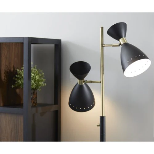 Two Light Brass Cinch Floor Lamp in Black Metal By Homeroots - Image 4