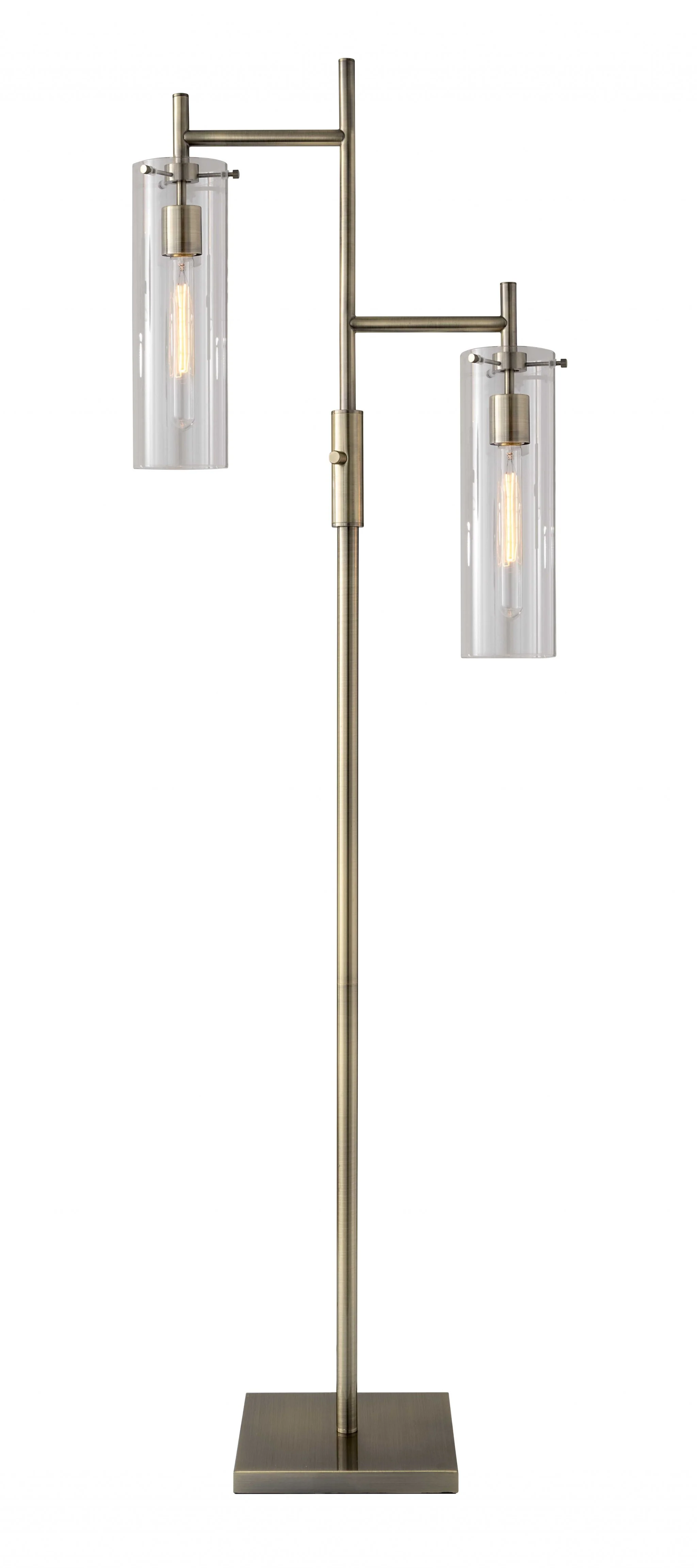 Two Light Modern Floor Lamp Clear Glass Cylinder Shade with Vintage Filament Bulb Antique Brass Metal Pole By Homeroots - Image 2