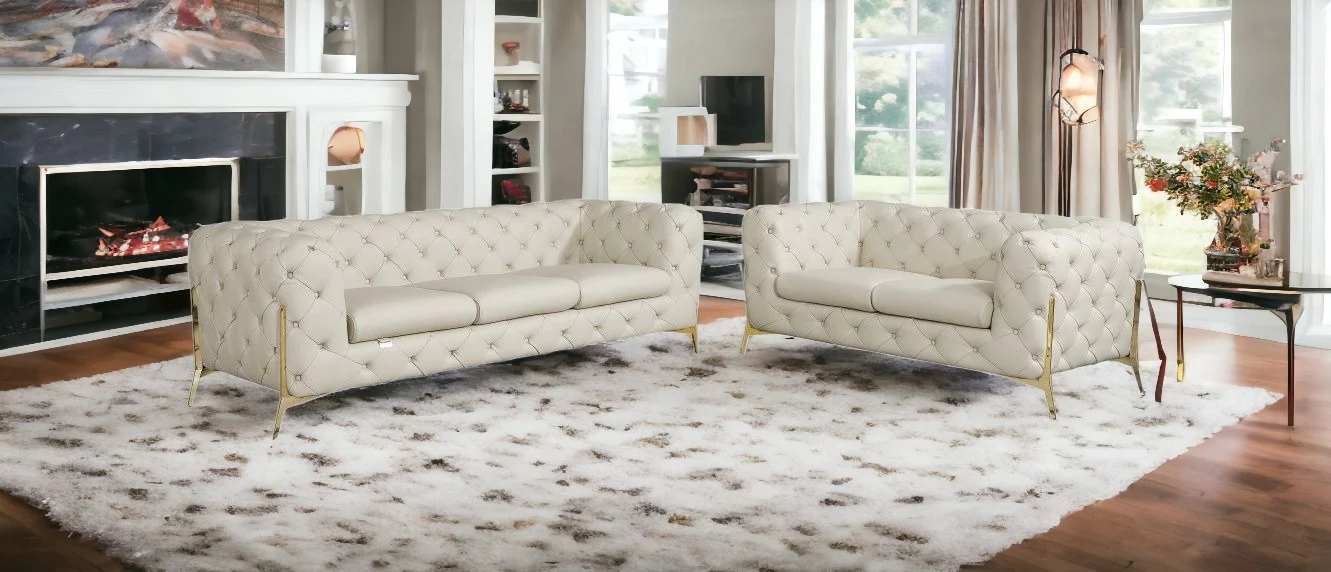 Two Piece Beige Italian Leather Five Person Seating Set By Homeroots - Image 2