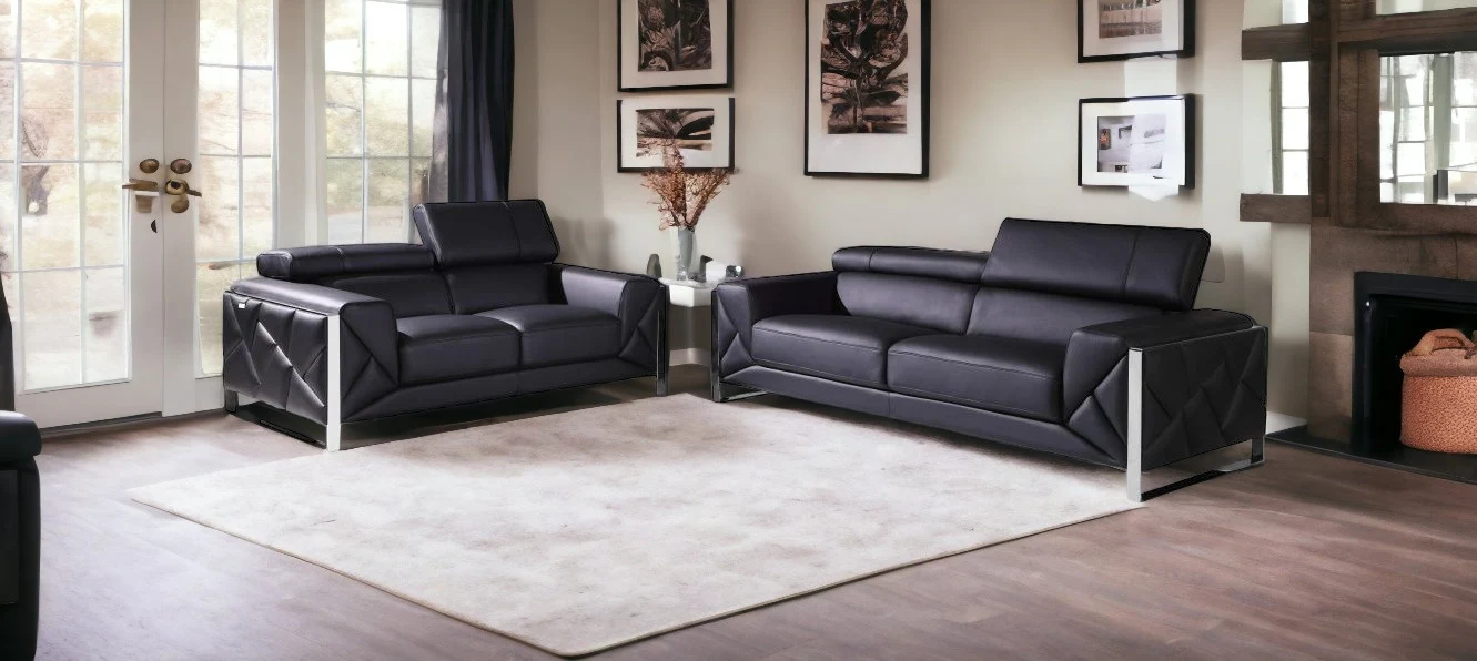Two Piece Black Italian Leather Five Person Seating Set By Homeroots - Image 2
