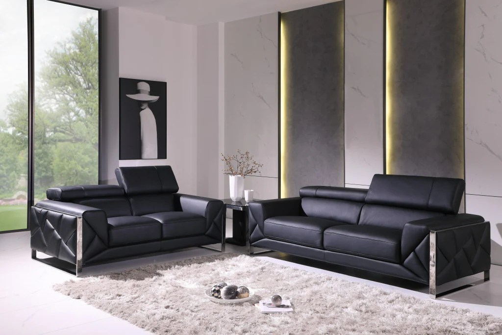 Two Piece Black Italian Leather Five Person Seating Set By Homeroots - Image 6