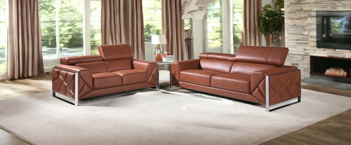 Two Piece Camel Italian Leather Five Person Seating Set By Homeroots - Image 2