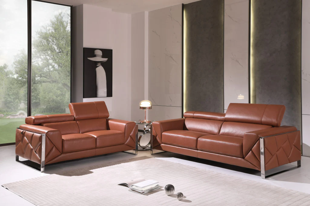 Two Piece Camel Italian Leather Five Person Seating Set By Homeroots - Image 6