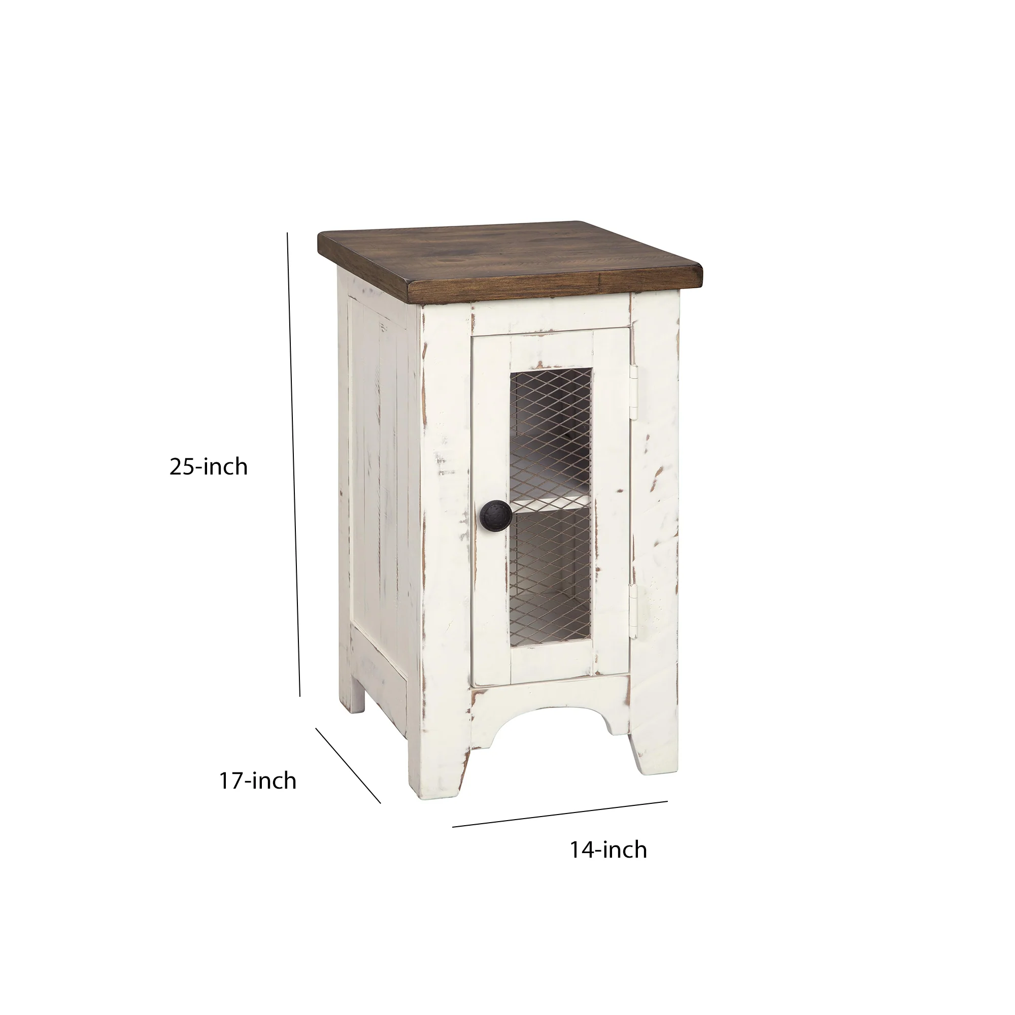 Two Tone Chair Side End Table with Wire Metal Grill Cabinet,Brown and White By Benzara - Image 2