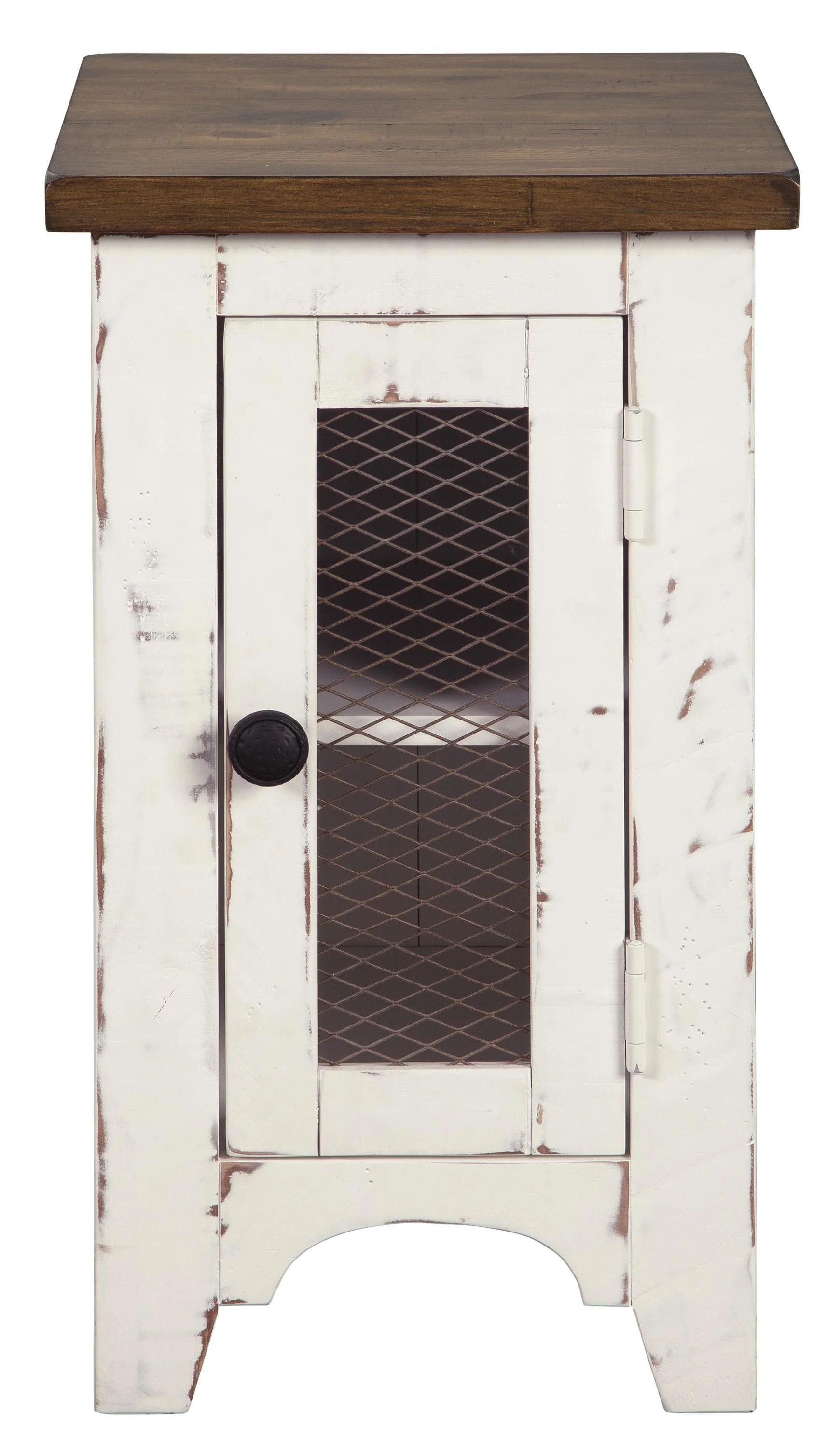 Two Tone Chair Side End Table with Wire Metal Grill Cabinet,Brown and White By Benzara - Image 5