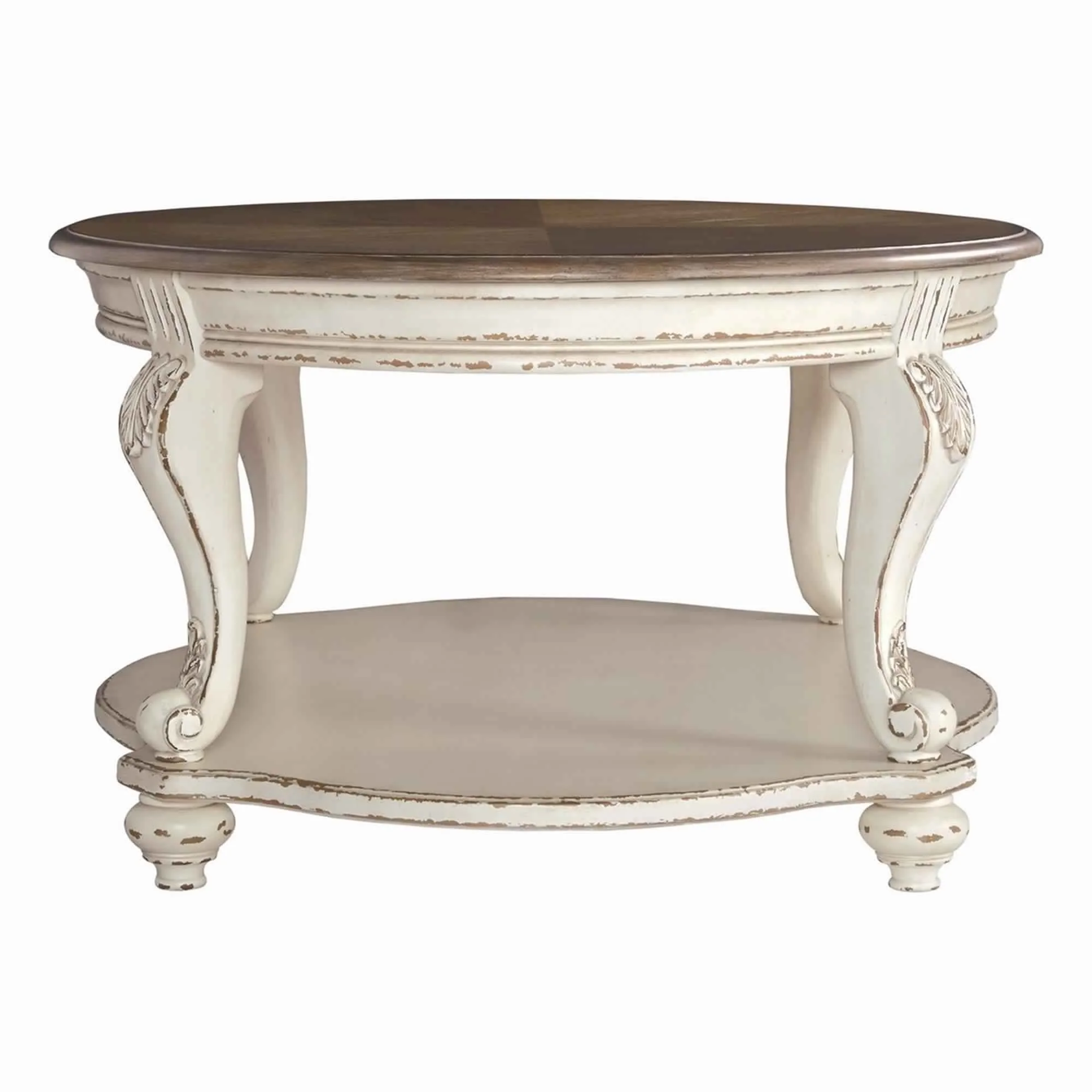 Two Tone Oval Cocktail Table with Bottom Shelf, Antique White and Brown By Benzara - Image 2