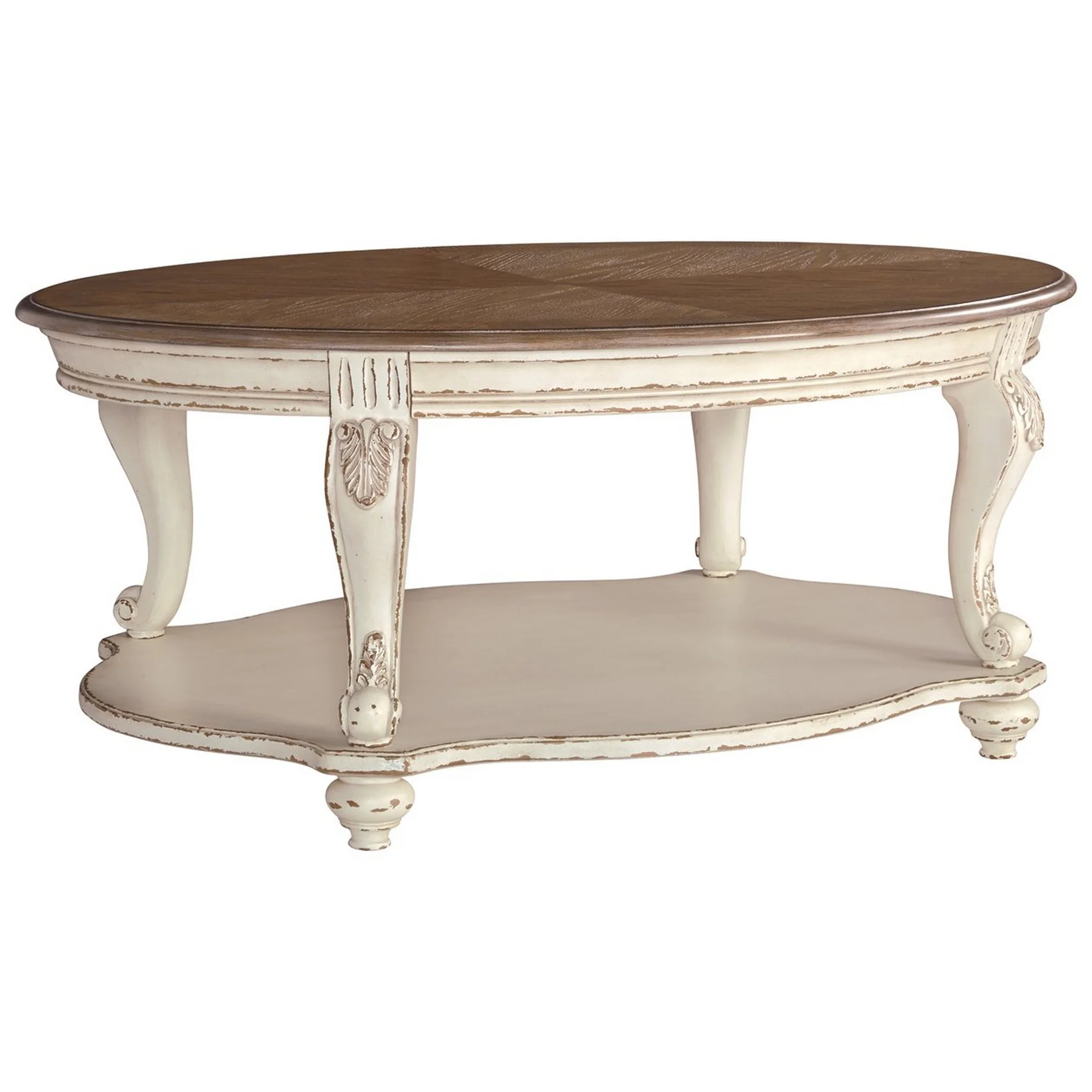 Two Tone Oval Cocktail Table with Bottom Shelf, Antique White and Brown By Benzara - Image 3