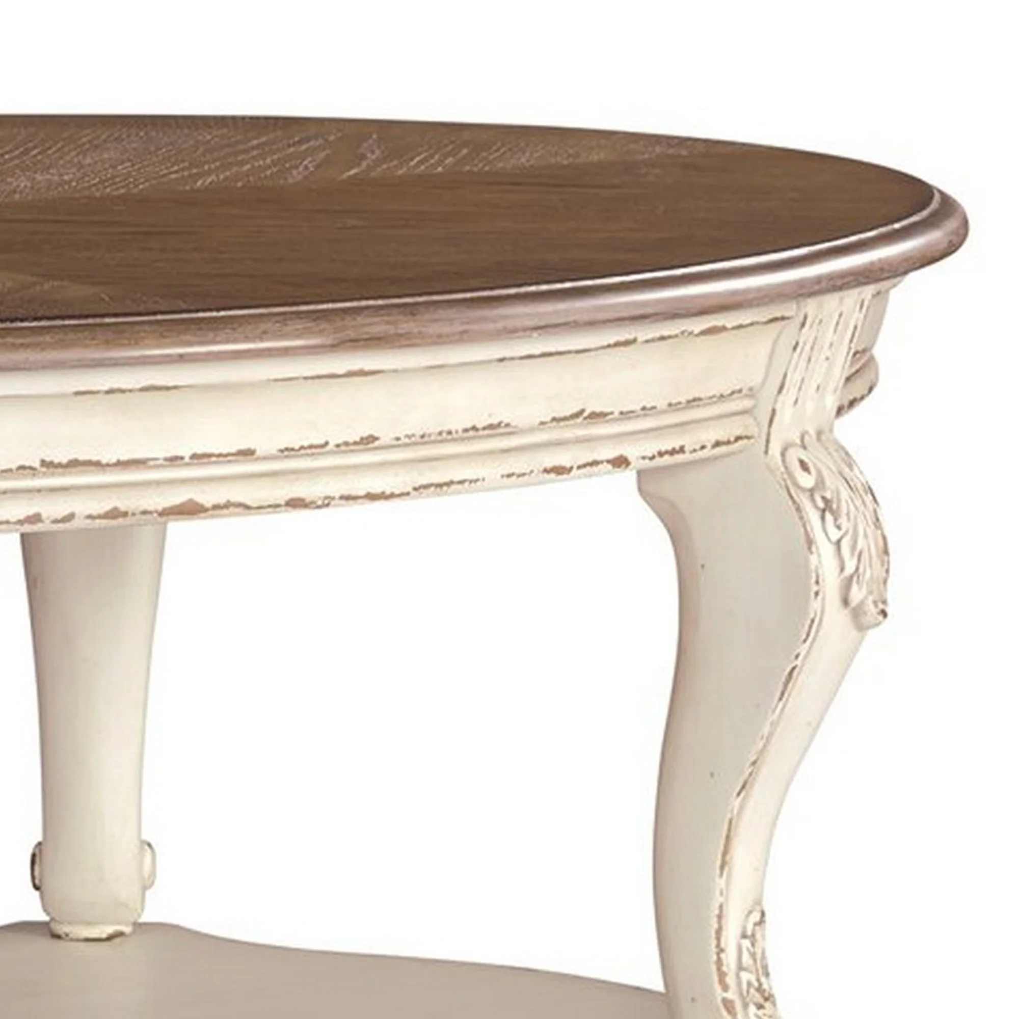 Two Tone Oval Cocktail Table with Bottom Shelf, Antique White and Brown By Benzara - Image 4