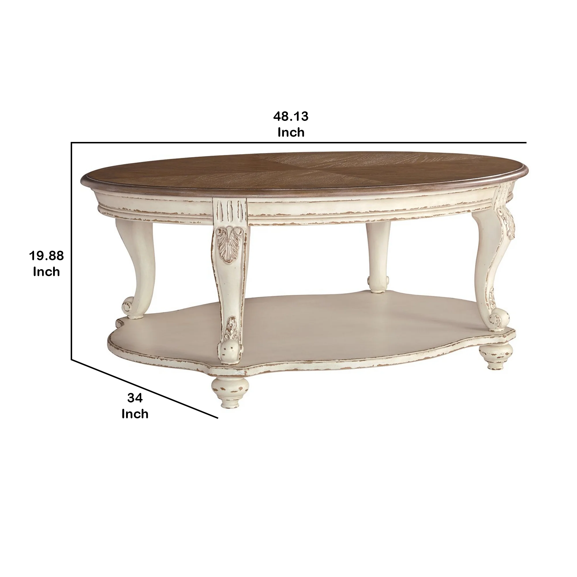 Two Tone Oval Cocktail Table with Bottom Shelf, Antique White and Brown By Benzara - Image 5