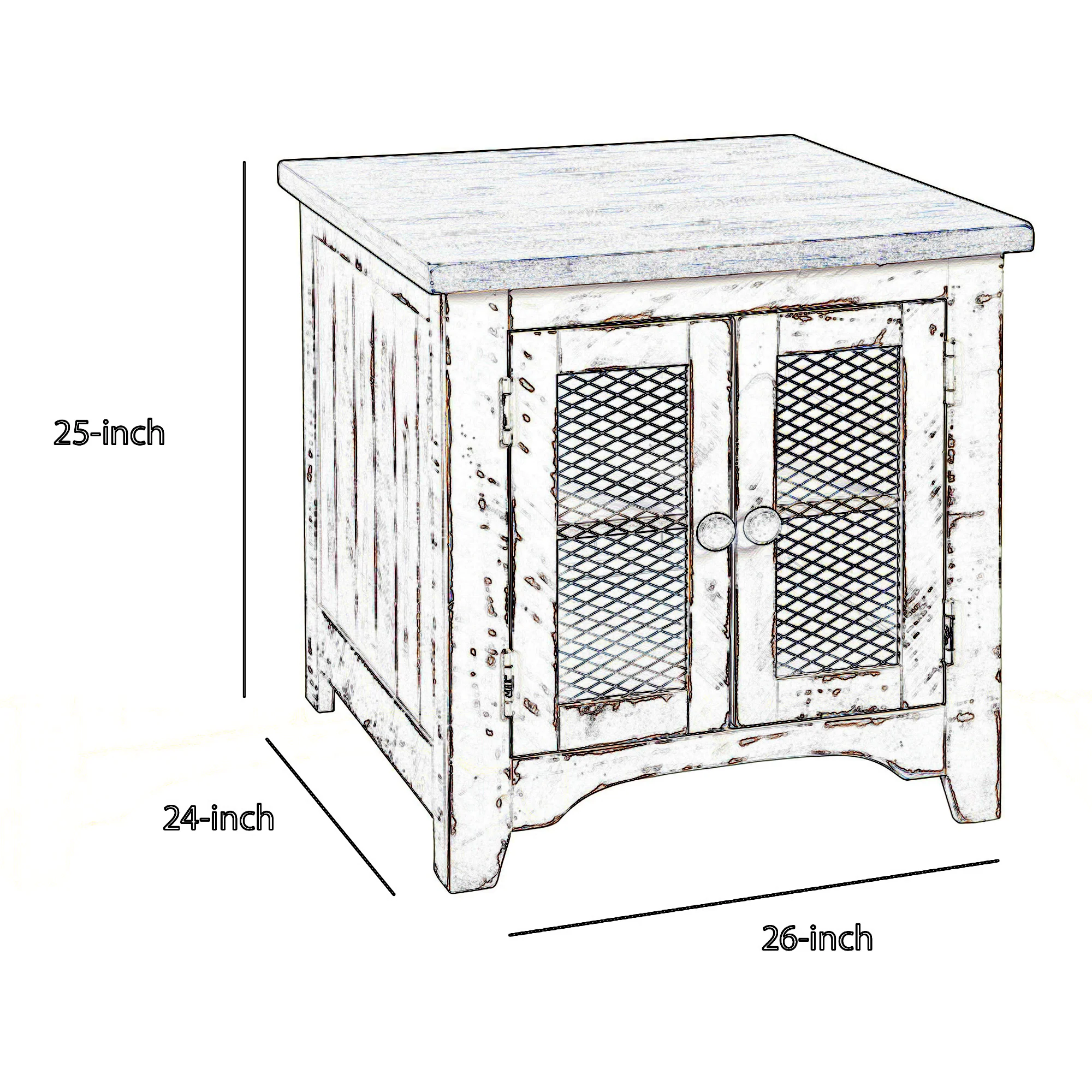 Two Tone Wooden End Table with Metal Grill Cabinet, Brown and White By Benzara - Image 3