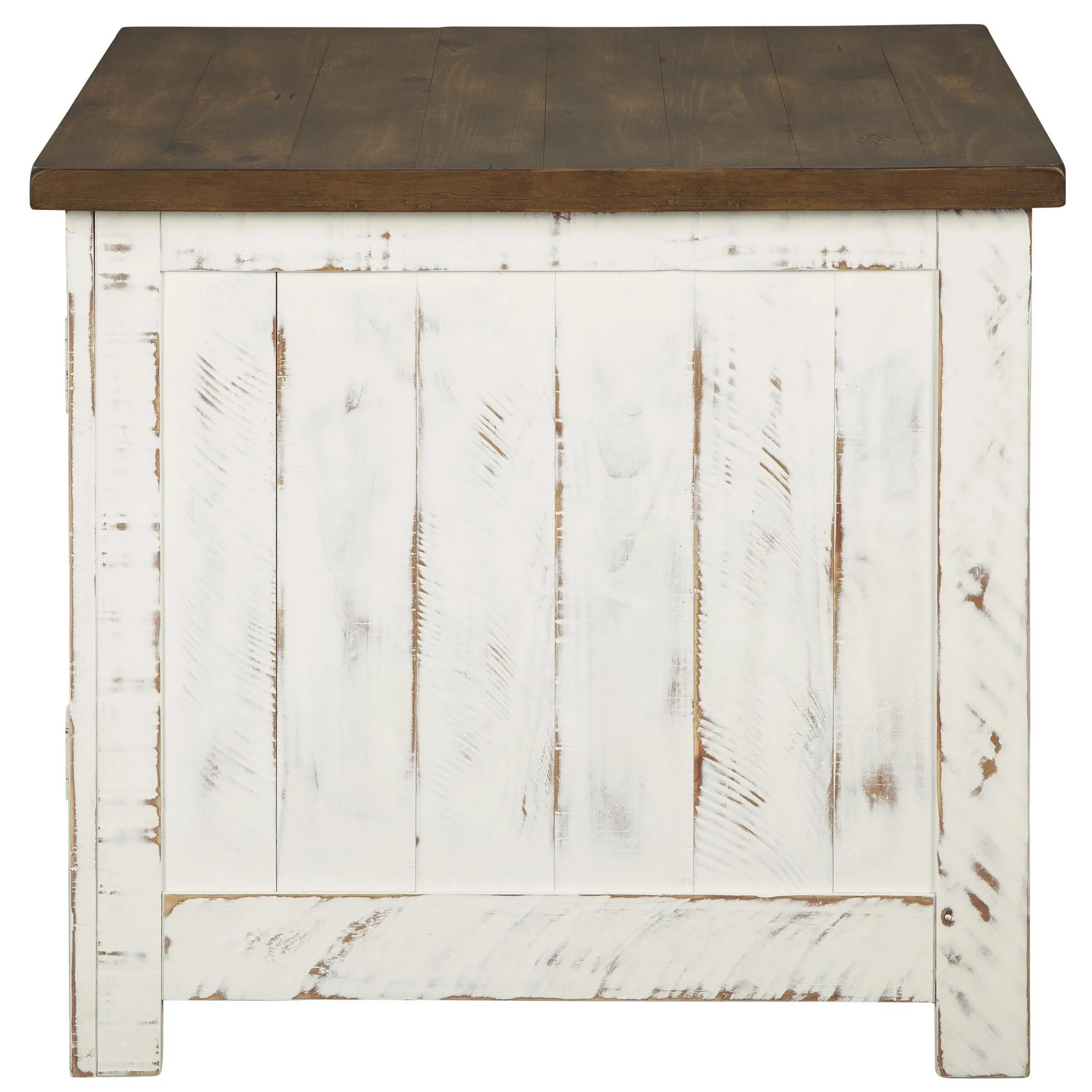 Two Tone Wooden End Table with Metal Grill Cabinet, Brown and White By Benzara - Image 4