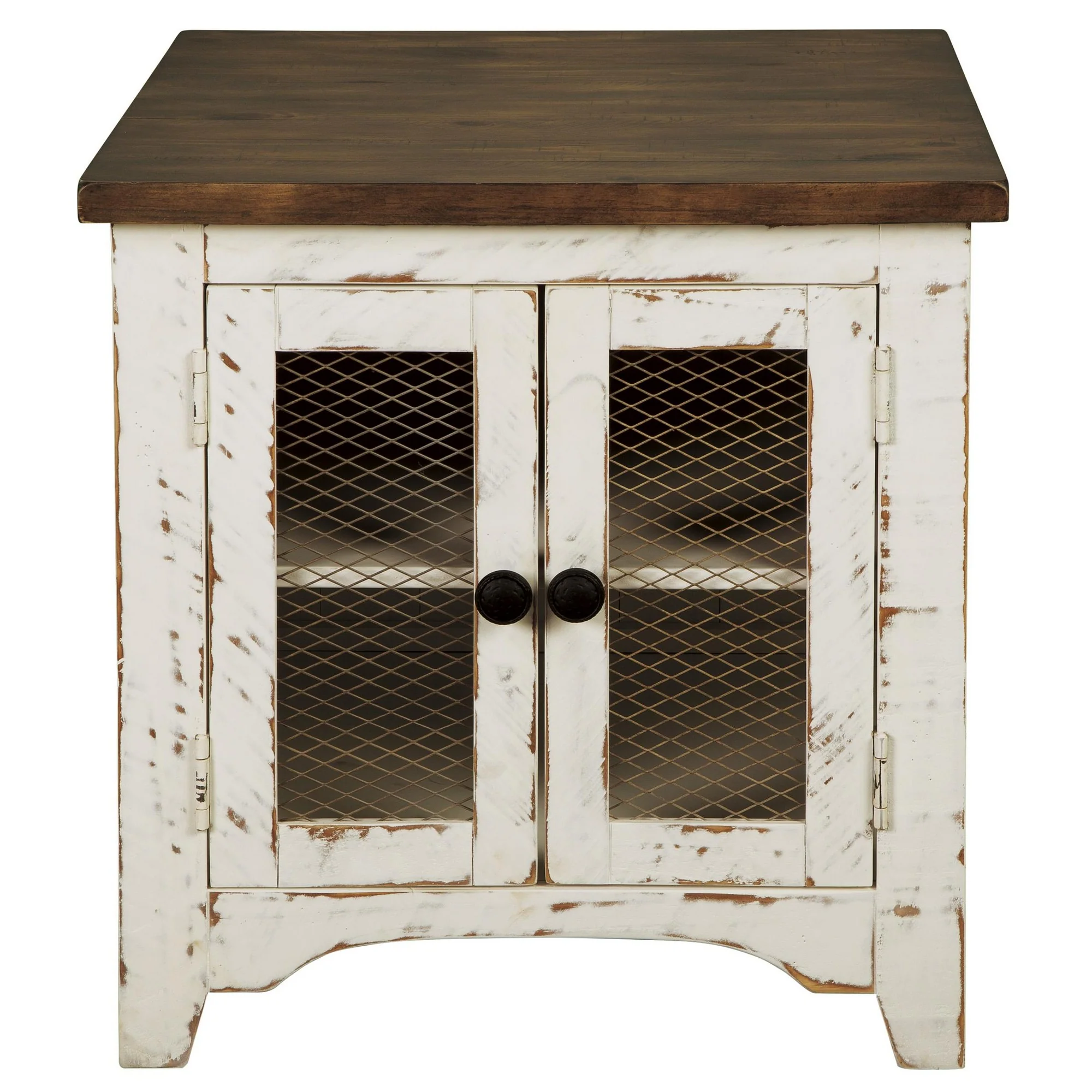 Two Tone Wooden End Table with Metal Grill Cabinet, Brown and White By Benzara - Image 5
