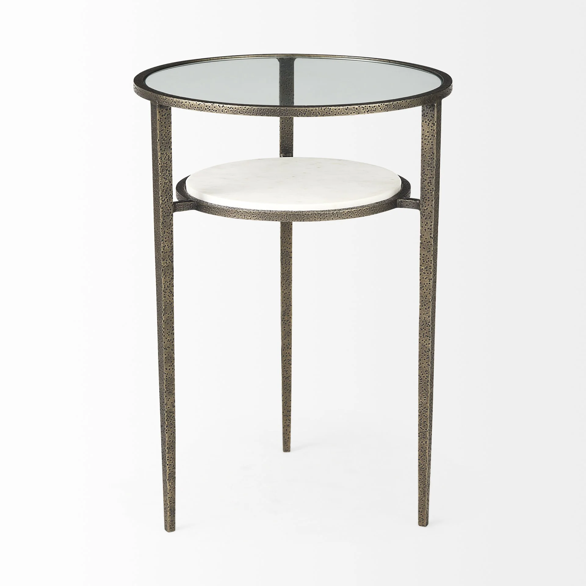 Updated Rustic Glass and Marble Antiqued Gold End Table By Homeroots - Image 3