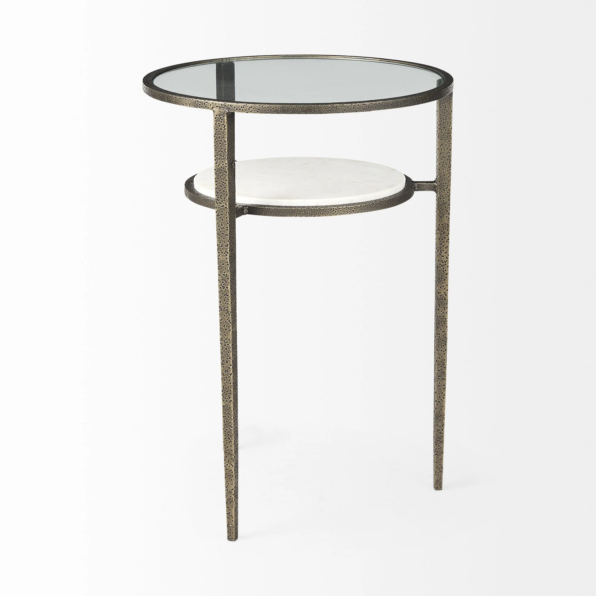 Updated Rustic Glass and Marble Antiqued Gold End Table By Homeroots - Image 4