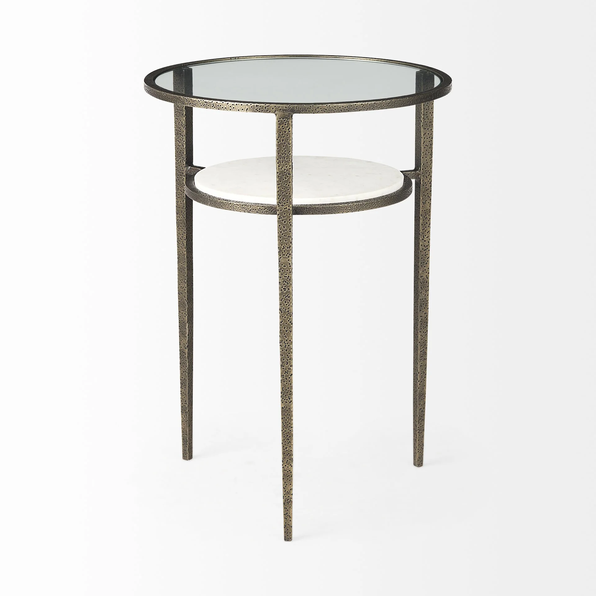 Updated Rustic Glass and Marble Antiqued Gold End Table By Homeroots - Image 5