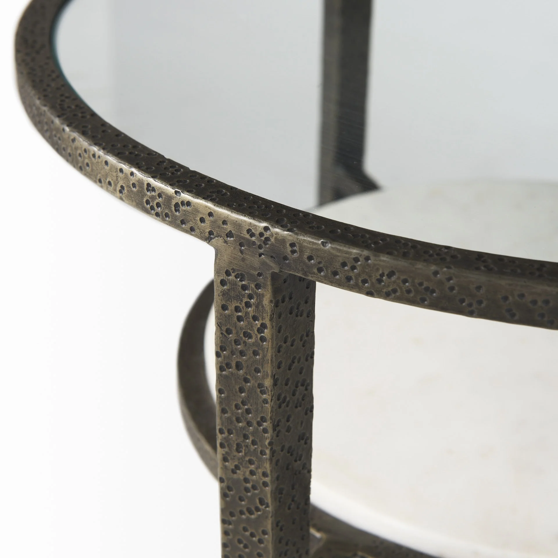 Updated Rustic Glass and Marble Antiqued Gold End Table By Homeroots - Image 7