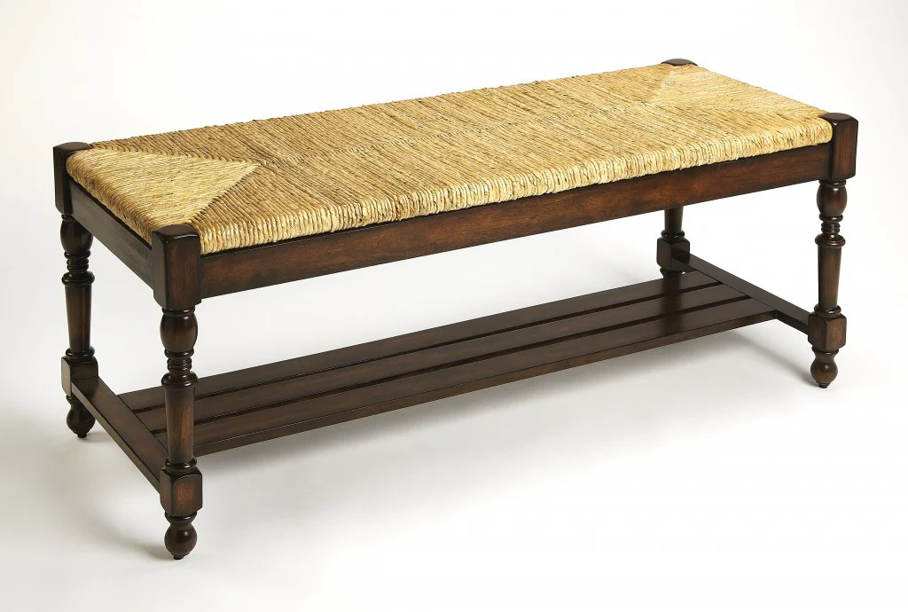 Updated Traditional Mahogany and Wicker Bench By Homeroots - Image 3