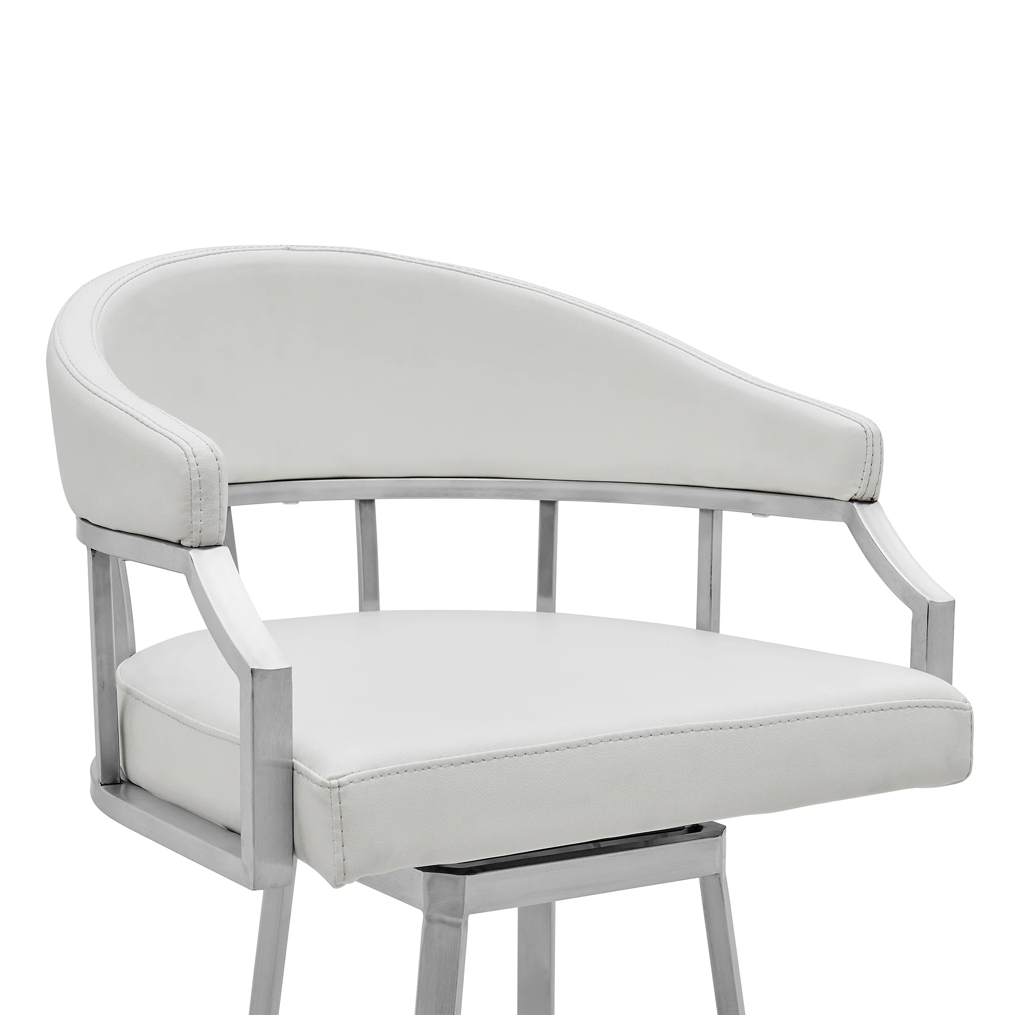 Valerie 26" Counter Height Swivel Modern White Faux Leather Bar and Counter Stool in Brushed Stainless Steel Finish By Armen Living - Image 5