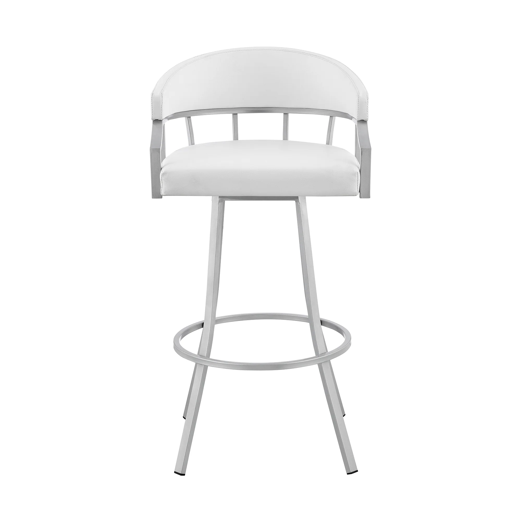 Valerie 26" Swivel White Faux Leather and Silver Metal Bar Stool By Armen Living - Image 3