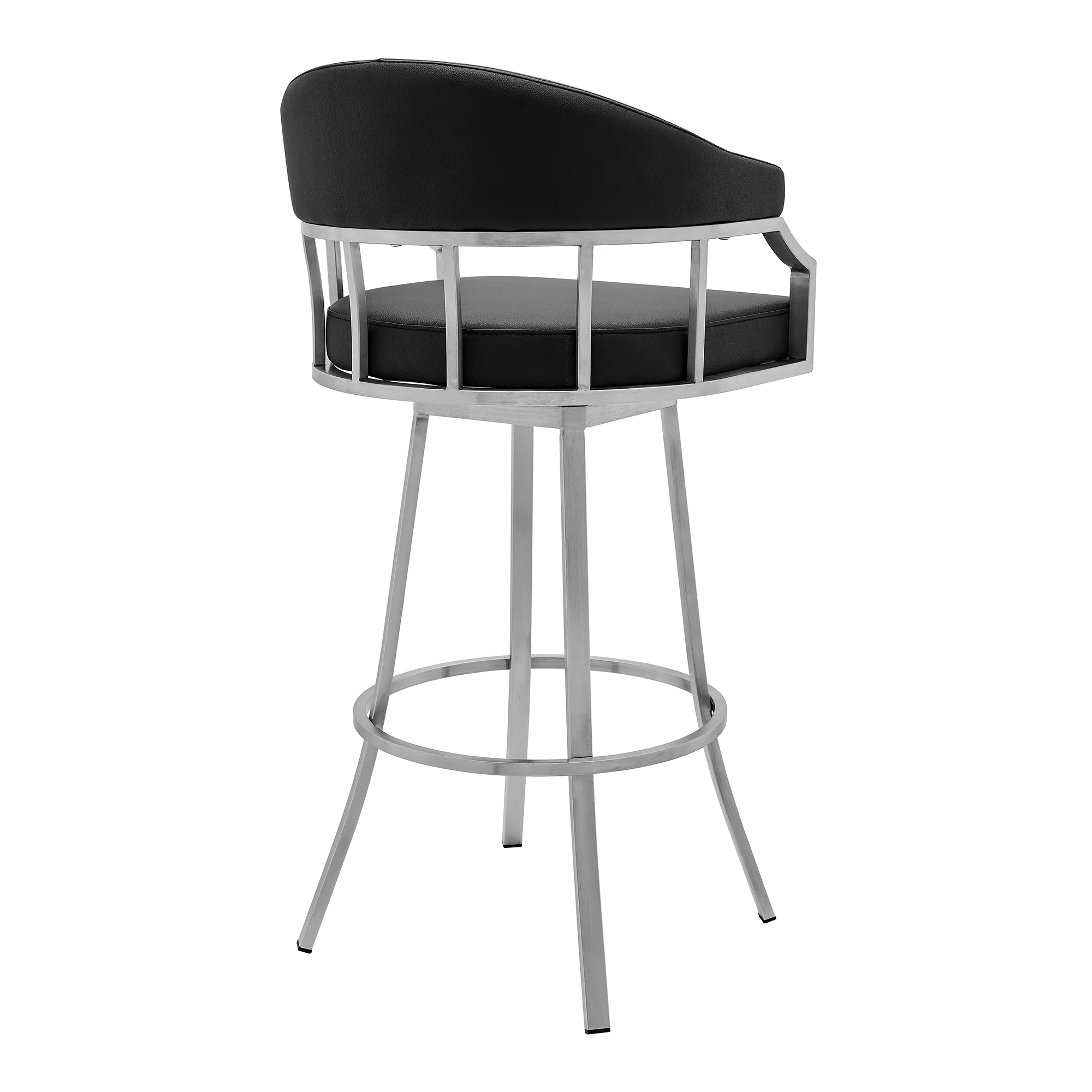 Valerie 30" Bar Height Swivel Modern Black Faux Leather Bar and Counter Stool in Brushed Stainless Steel Finish By Armen Living - Image 4