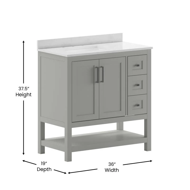 Vega 36 Inch Bathroom Vanity with Sink Open Shelf and 3 Drawers By Flash Furniture - Image 17