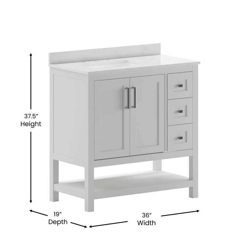 Vega 36 Inch Bathroom Vanity with Sink Open Shelf and 3 Drawers By Flash Furniture - Image 7