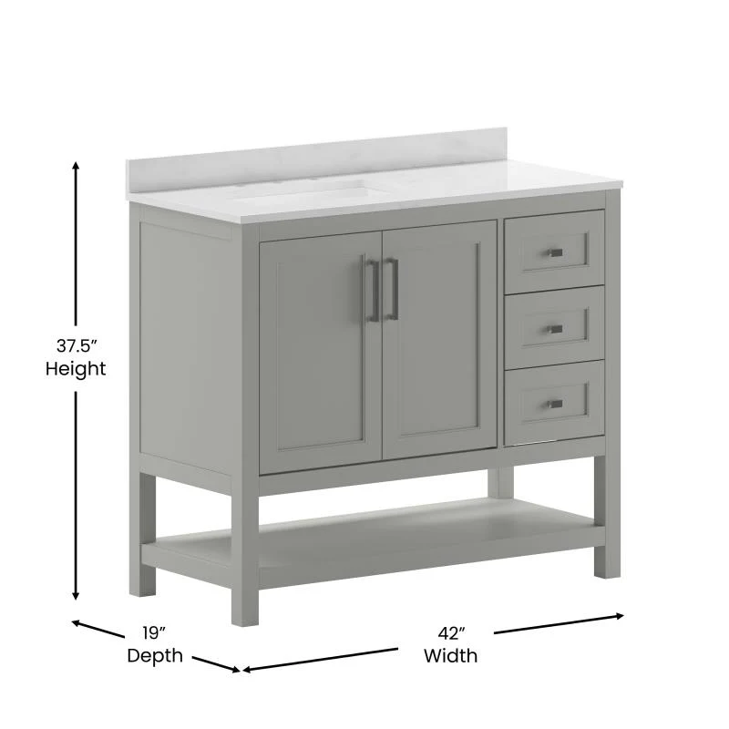 Vega 42 Inch Bathroom Vanity with Sink Open Shelf and 3 Drawers By Flash Furniture - Image 17
