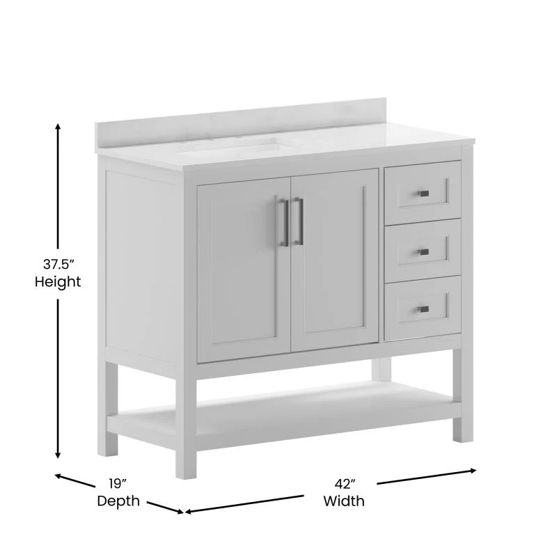 Vega 42 Inch Bathroom Vanity with Sink Open Shelf and 3 Drawers By Flash Furniture - Image 7