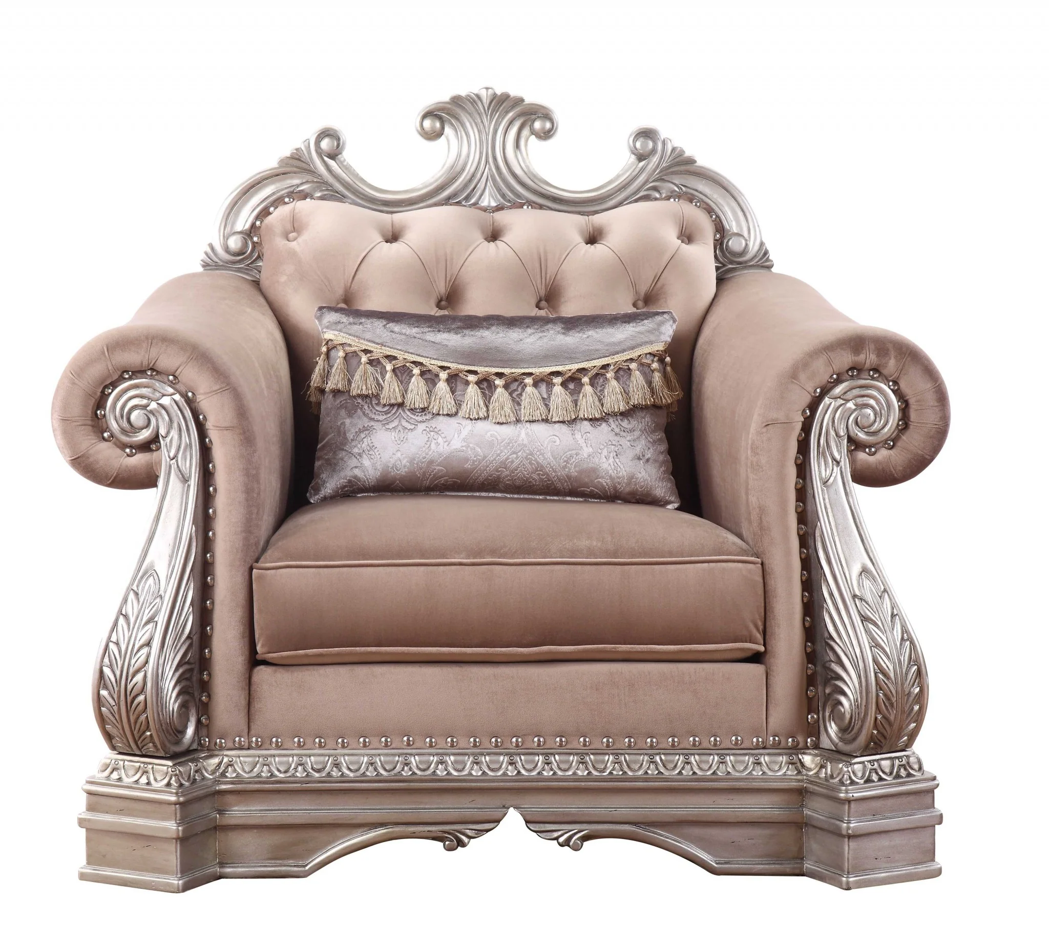 Velvet Antique Champagne Upholstery Poly-Resin Chair w Pillow By Homeroots - Image 3
