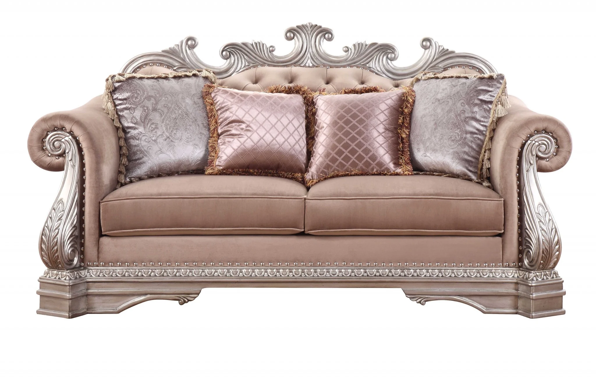 Velvet Antique Champagne Upholstery Poly-Resin Loveseat w Pillows By Homeroots - Image 3