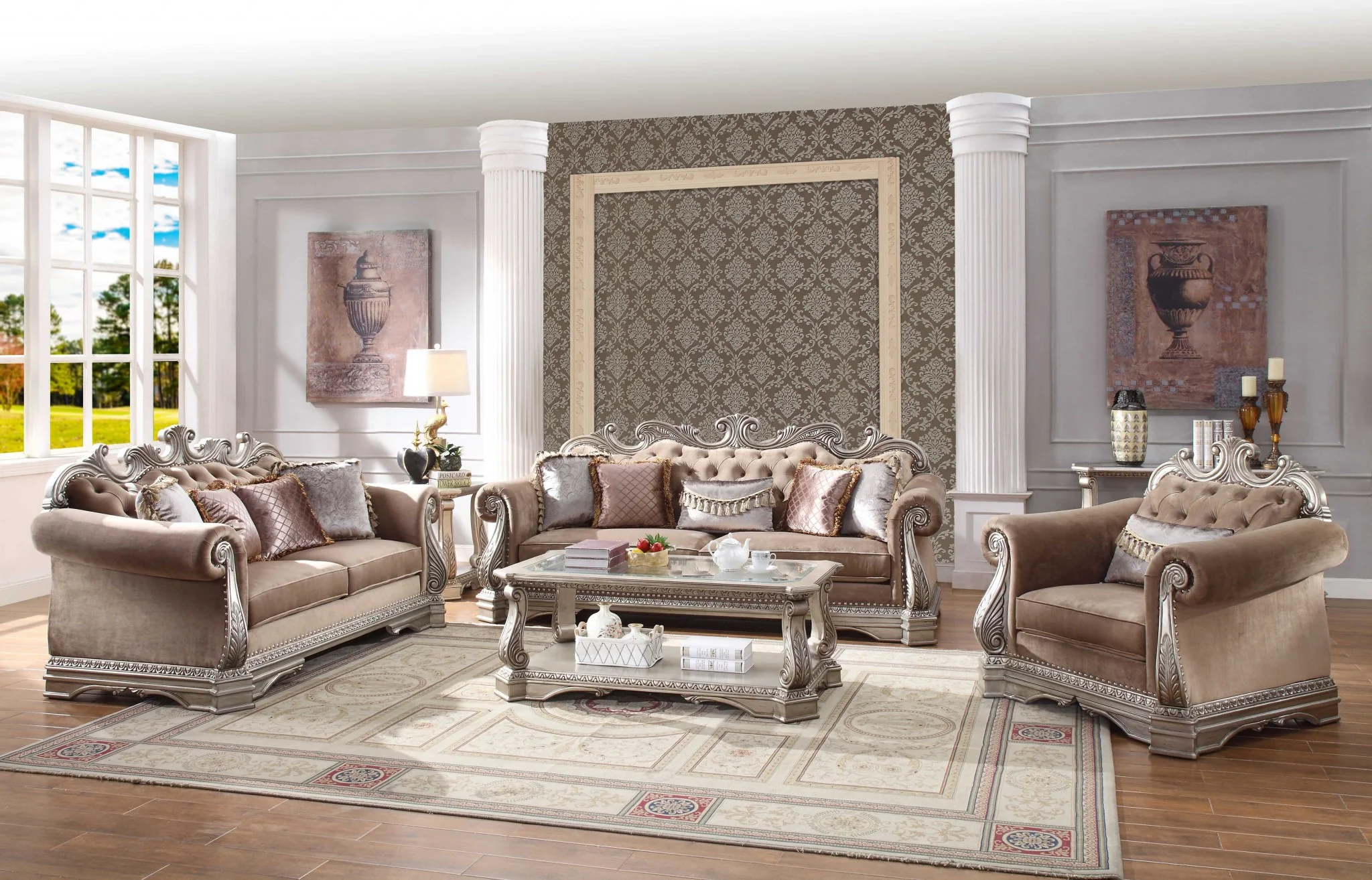 Velvet Antique Champagne Upholstery PolyResin Sofa w Pillows By Homeroots - Image 3