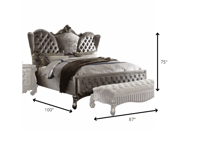 Velvet Antique Platinum Upholstery Poly Resin California King Bed By Homeroots - Image 3