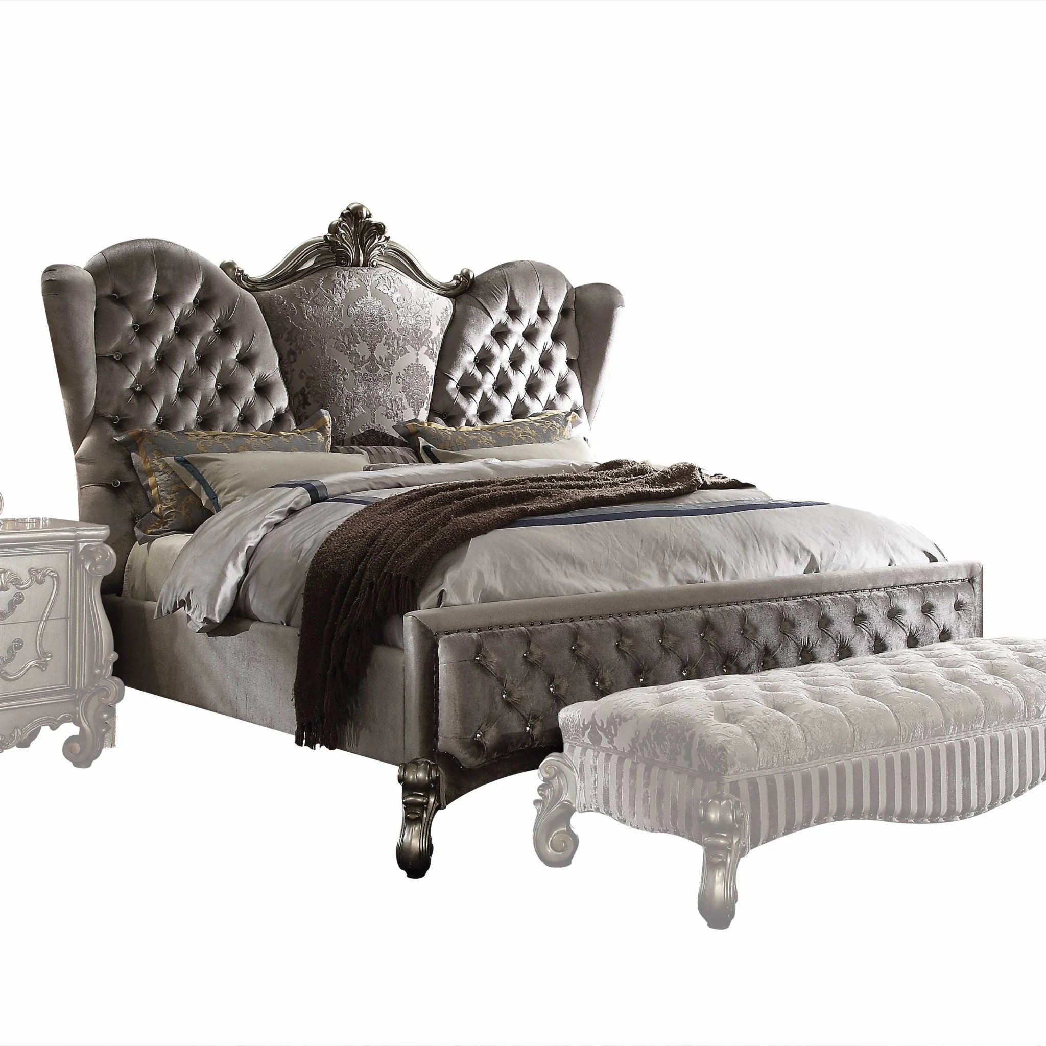 Velvet Antique Platinum Upholstery Poly Resin Queen Bed By Homeroots - Image 2