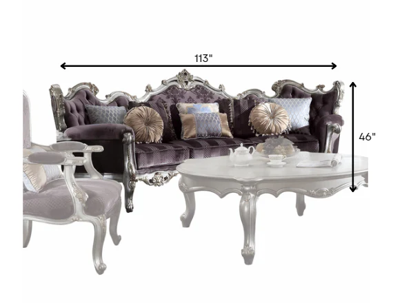 Velvet Antique Platinum Upholstery Poly-Resin Sofa w Pillows By Homeroots - Image 3