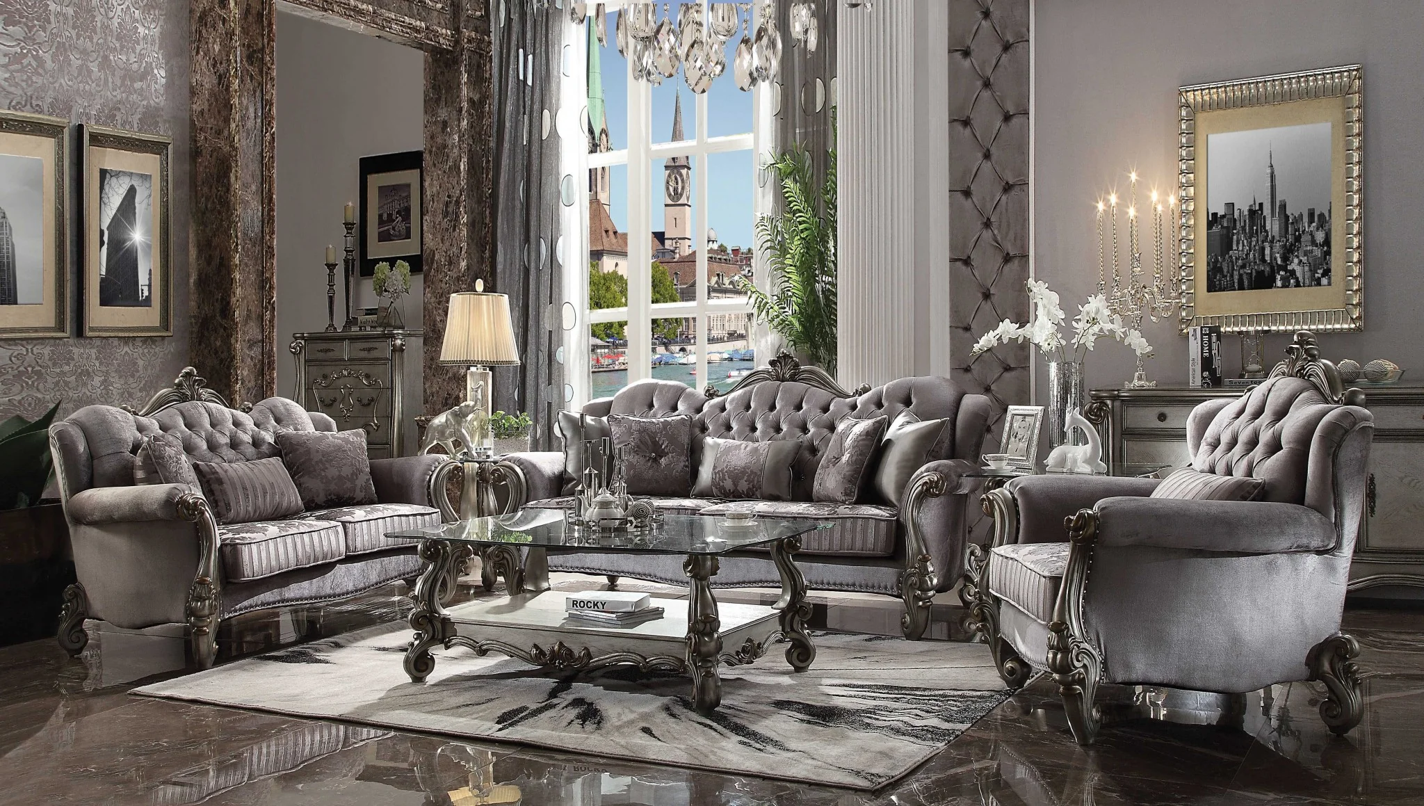 Velvet Antique Platinum Upholstery Poly Resin Sofa w Pillows By Homeroots - 348645 - Image 2