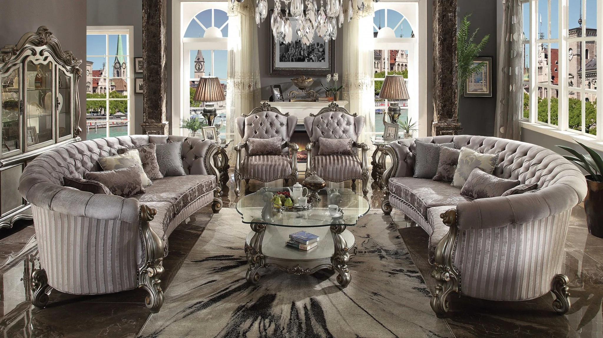 Velvet Antique Platinum Upholstery Poly Resin Sofa w Pillows By Homeroots - 348646 - Image 2