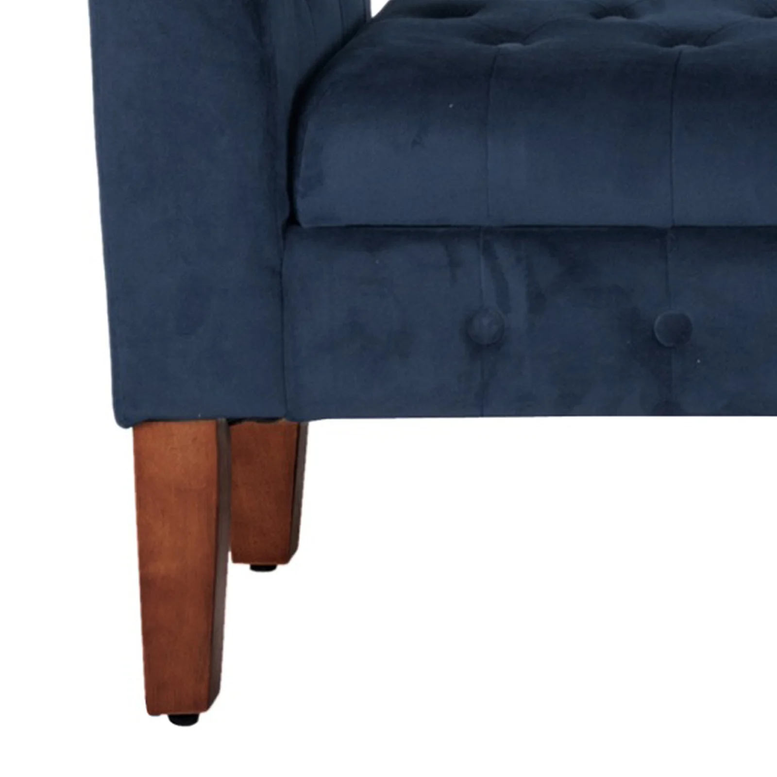 Velvet Upholstered Button Tufted Wooden Bench Settee With Hinged Storage, Dark Blue And Brown By Benzara - Image 3