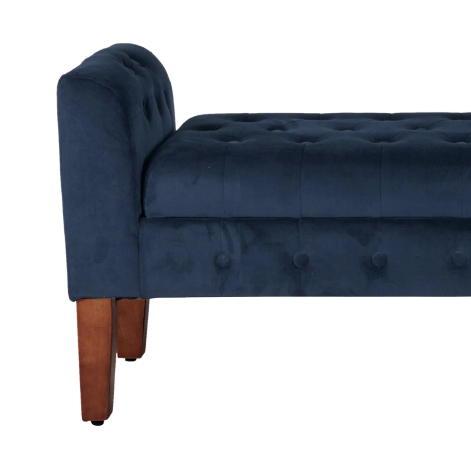 Velvet Upholstered Button Tufted Wooden Bench Settee With Hinged Storage, Dark Blue And Brown By Benzara - Image 4