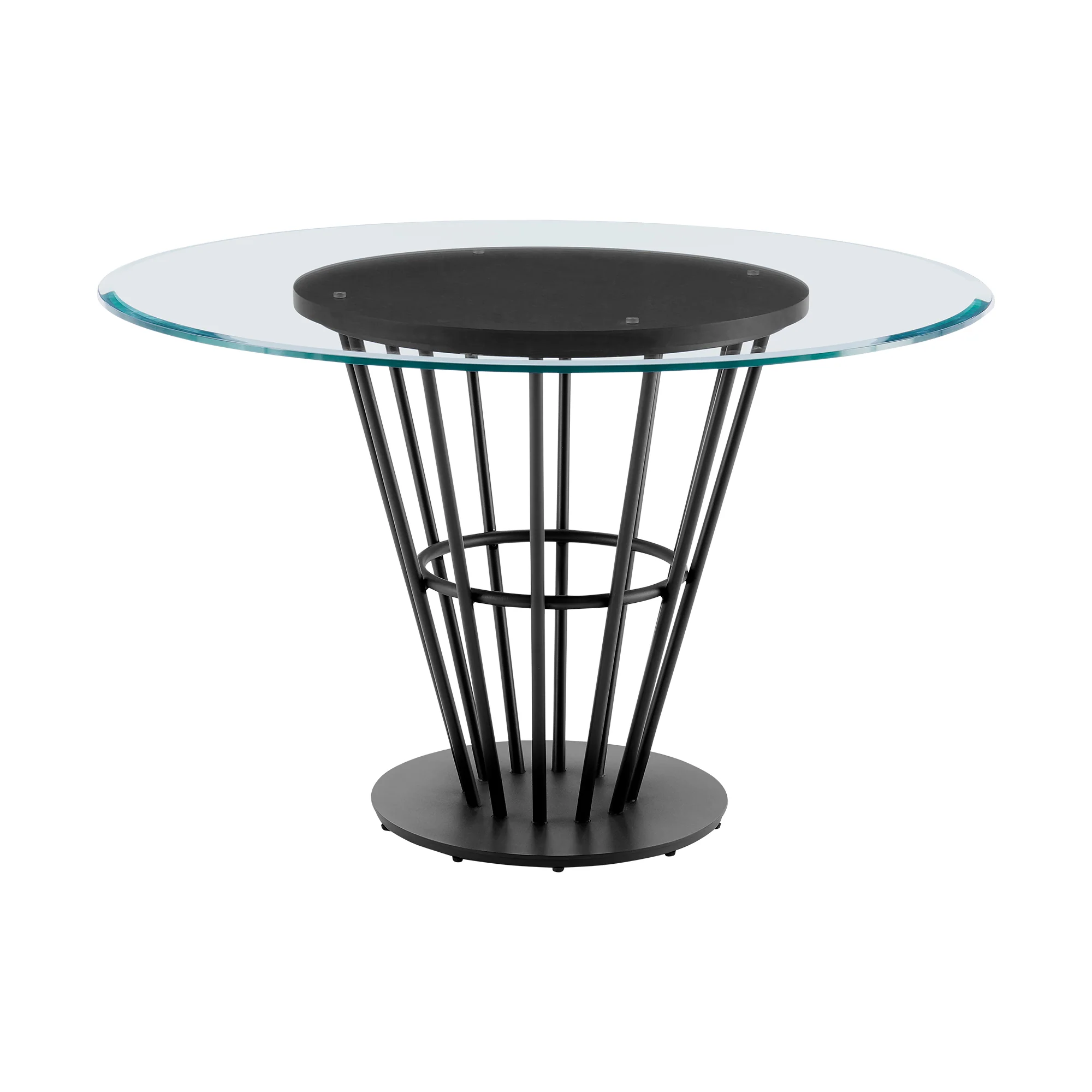 Veronica 48" Round Dining Table in Black Iron Base with Walnut Panel and Glass Tabletop By Armen Living - Image 3