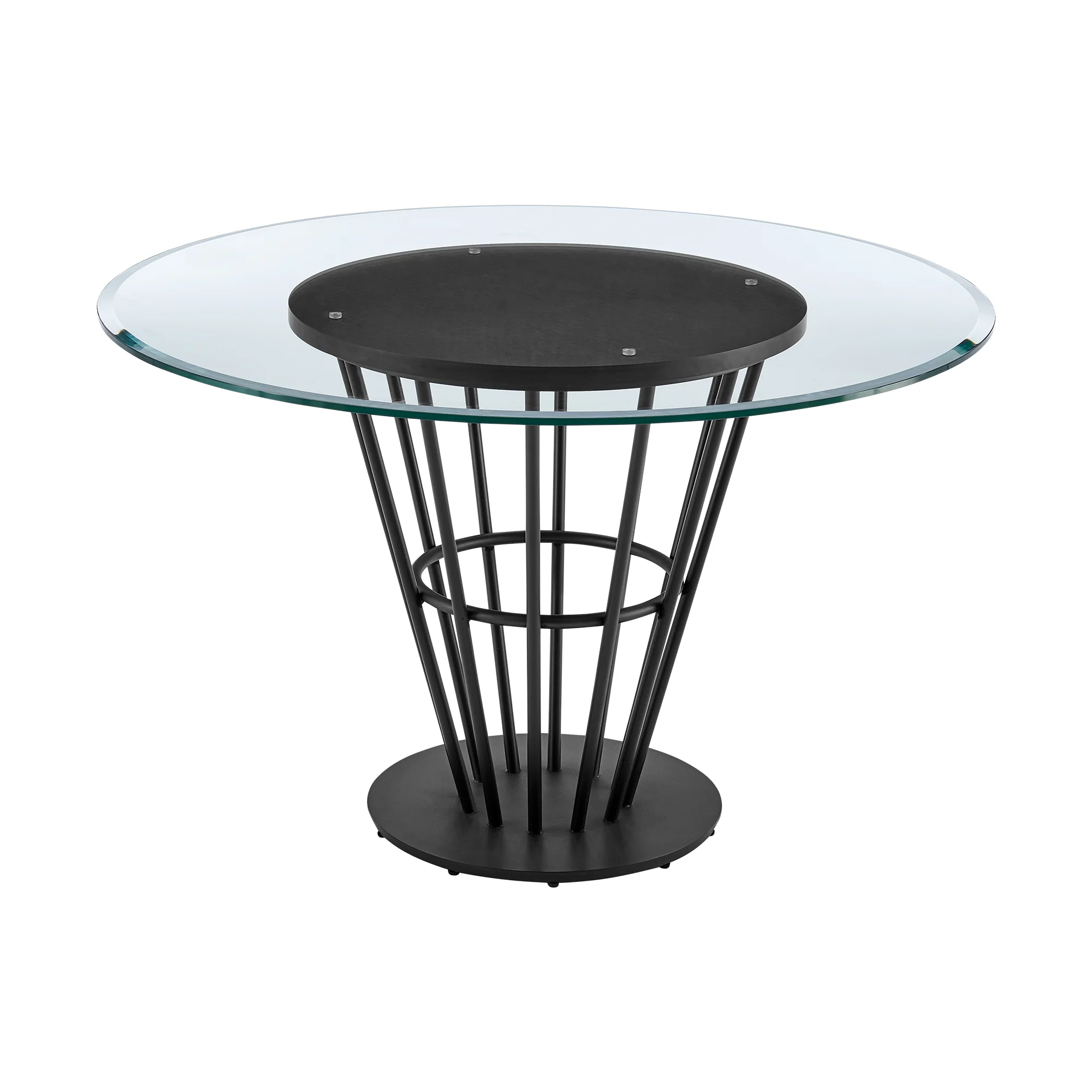 Veronica 48" Round Dining Table in Black Iron Base with Walnut Panel and Glass Tabletop By Armen Living - Image 4