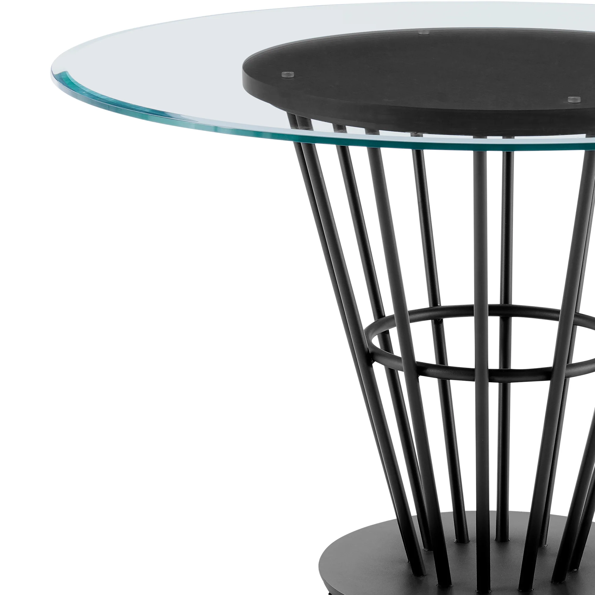 Veronica 48" Round Dining Table in Black Iron Base with Walnut Panel and Glass Tabletop By Armen Living - Image 6