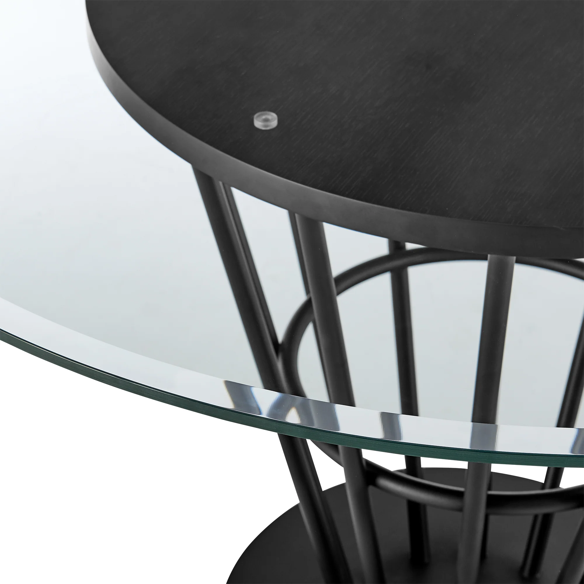 Veronica 48" Round Dining Table in Black Iron Base with Walnut Panel and Glass Tabletop By Armen Living - Image 7
