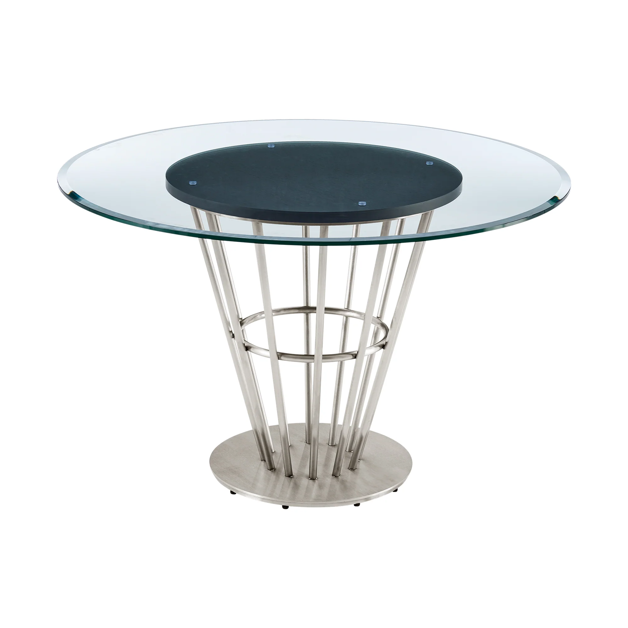 Veronica 48" Round Dining Table in Brushed Stainless Steel Base with Walnut Panel and Glass Tabletop By Armen Living - Image 4