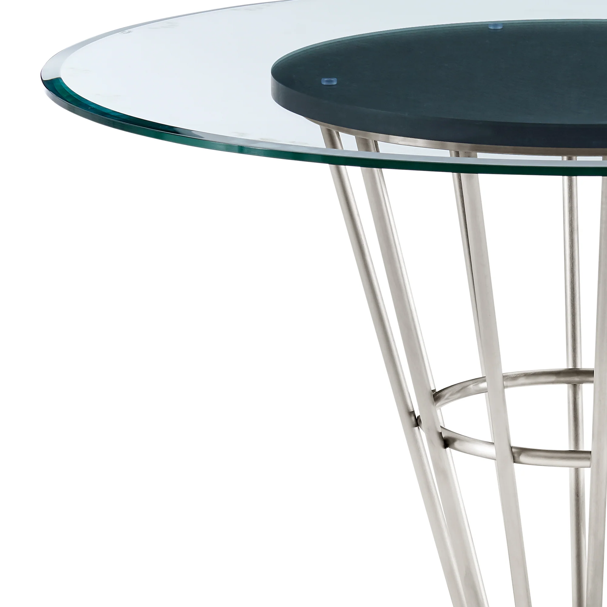 Veronica 48" Round Dining Table in Brushed Stainless Steel Base with Walnut Panel and Glass Tabletop By Armen Living - Image 6